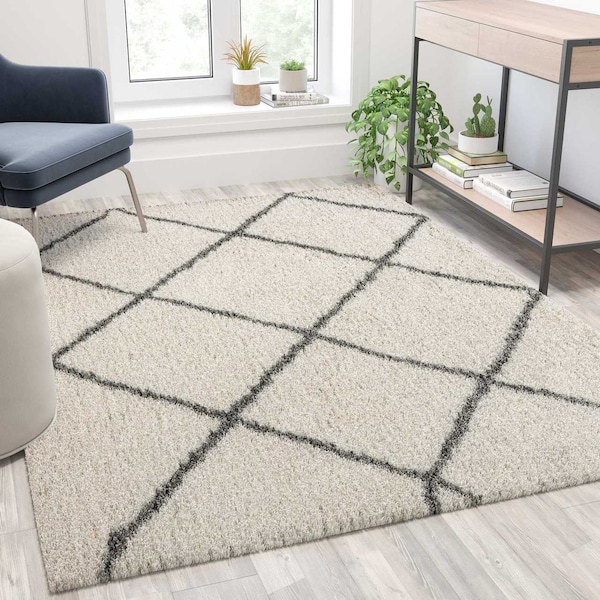 Flash Furniture 5'x7' Ivory/Black Diamond Trellis Shag Area Rug RC-KJ-181070-01-57-IV-GR-GG - main